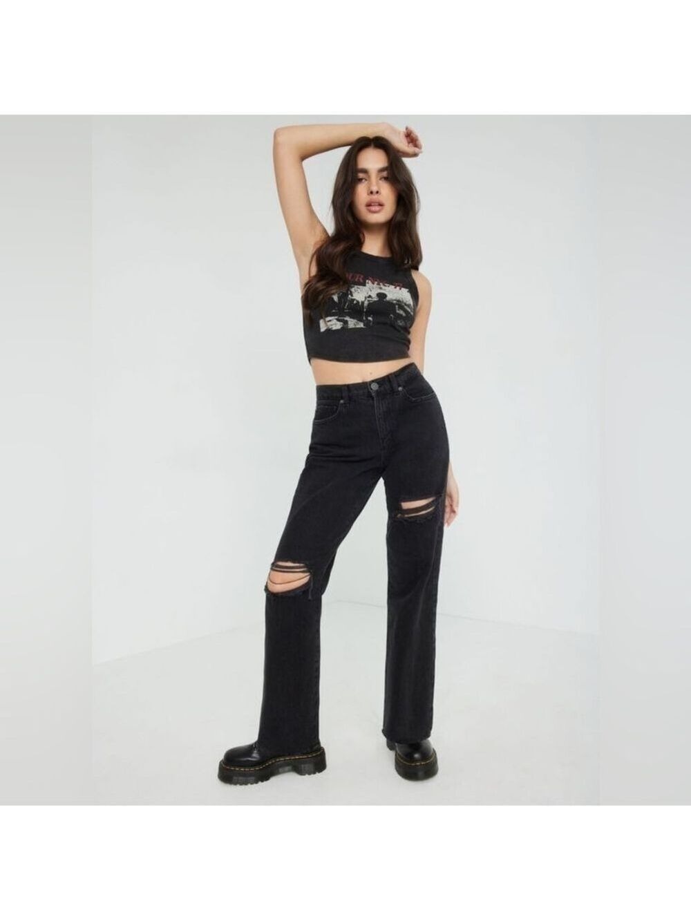 NWT Garage Denim Vintage Straight Black High Waist Distressed Jeans 0 24W